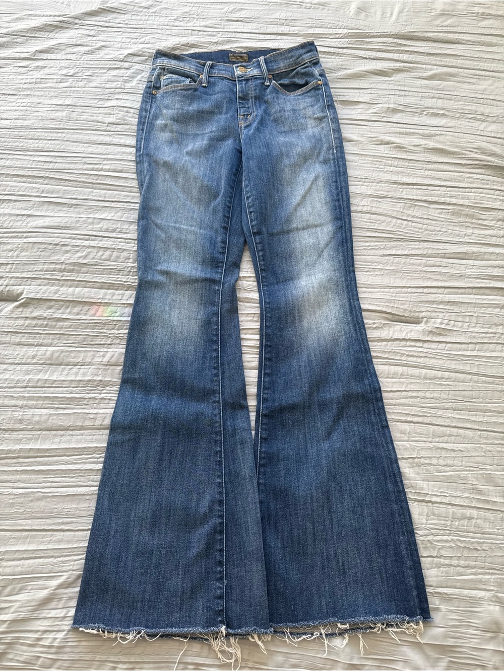 MOTHER Blue High-Rise Flare Jeans with Frayed Hem